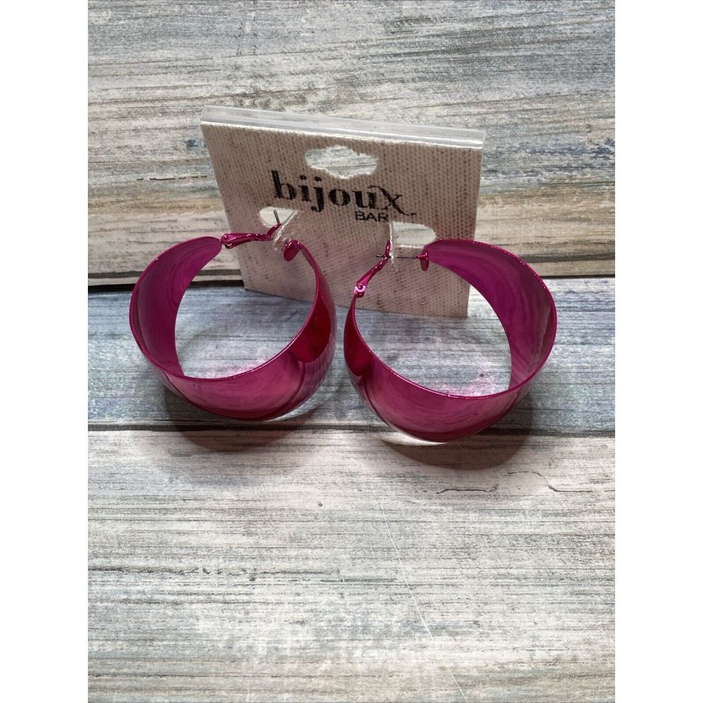 Hot Pink Shiny Hoop EARRINGS 2" Latch‎ Back New on card - Picture 5 of 5
